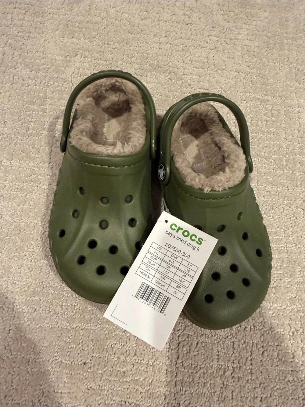 CROCS Kids Baya Lined Clog in Olive Green